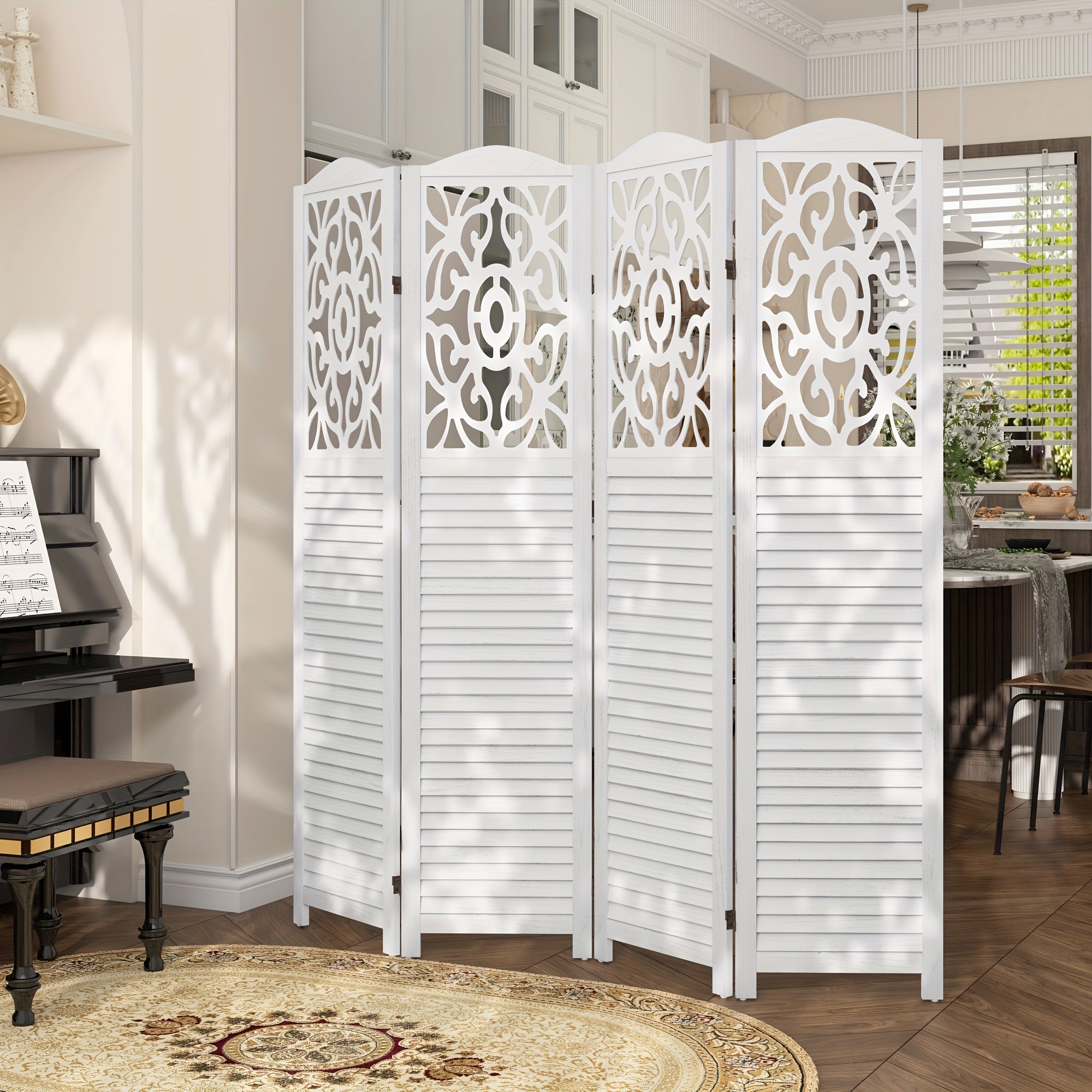 4 or 6 Panel Wood Room Dividers, Carved Louver Wall Dividers Folding Screens, 5.6ft Farmhouse Style Freestanding Hollow Partition Privacy Screen for Home Office Bedroom Studio Apartment, Rustic Brown or White