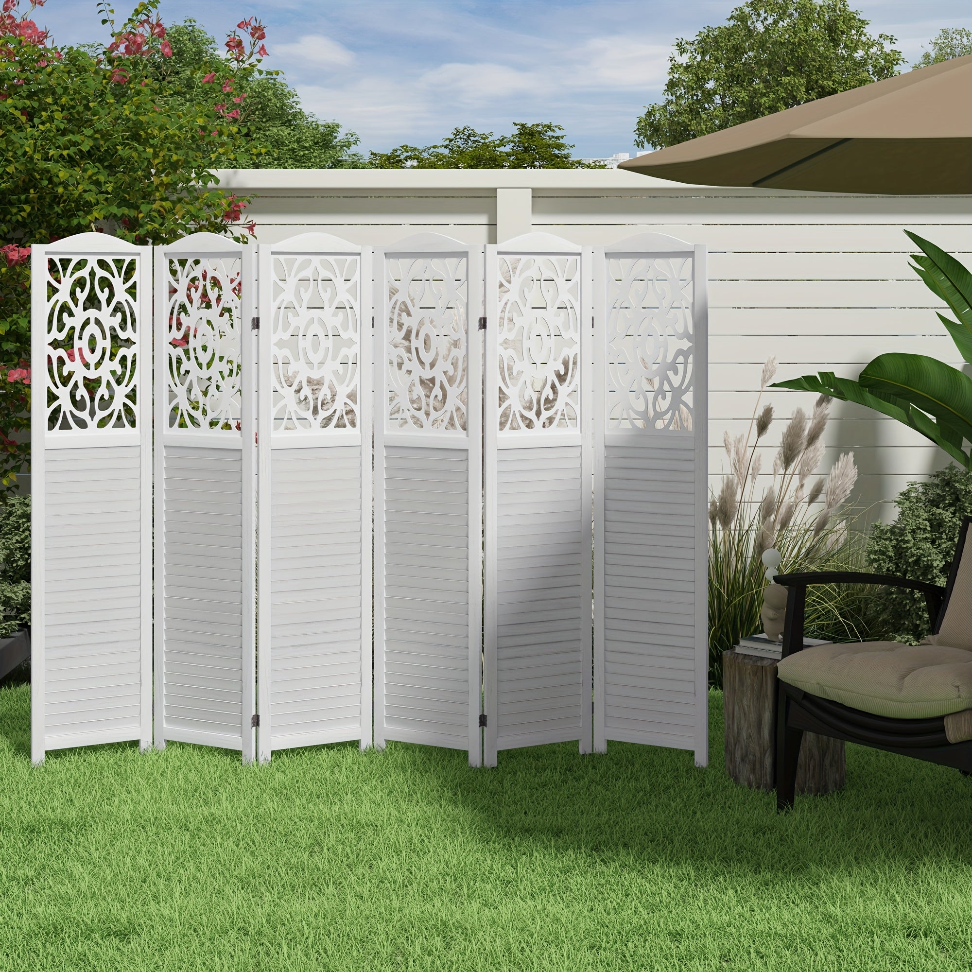 4 or 6 Panel Wood Room Dividers, Carved Louver Wall Dividers Folding Screens, 5.6ft Farmhouse Style Freestanding Hollow Partition Privacy Screen for Home Office Bedroom Studio Apartment, Rustic Brown or White