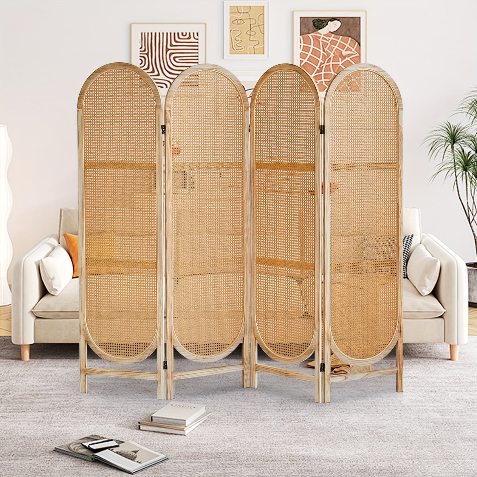 4 Panels Room Dividers And Folding Privacy Screens, Hand-Woven Rattan Room Divider Wall, Wood Room Divider Freestanding Room Partitions Screen For Home Office Bedroom, Black