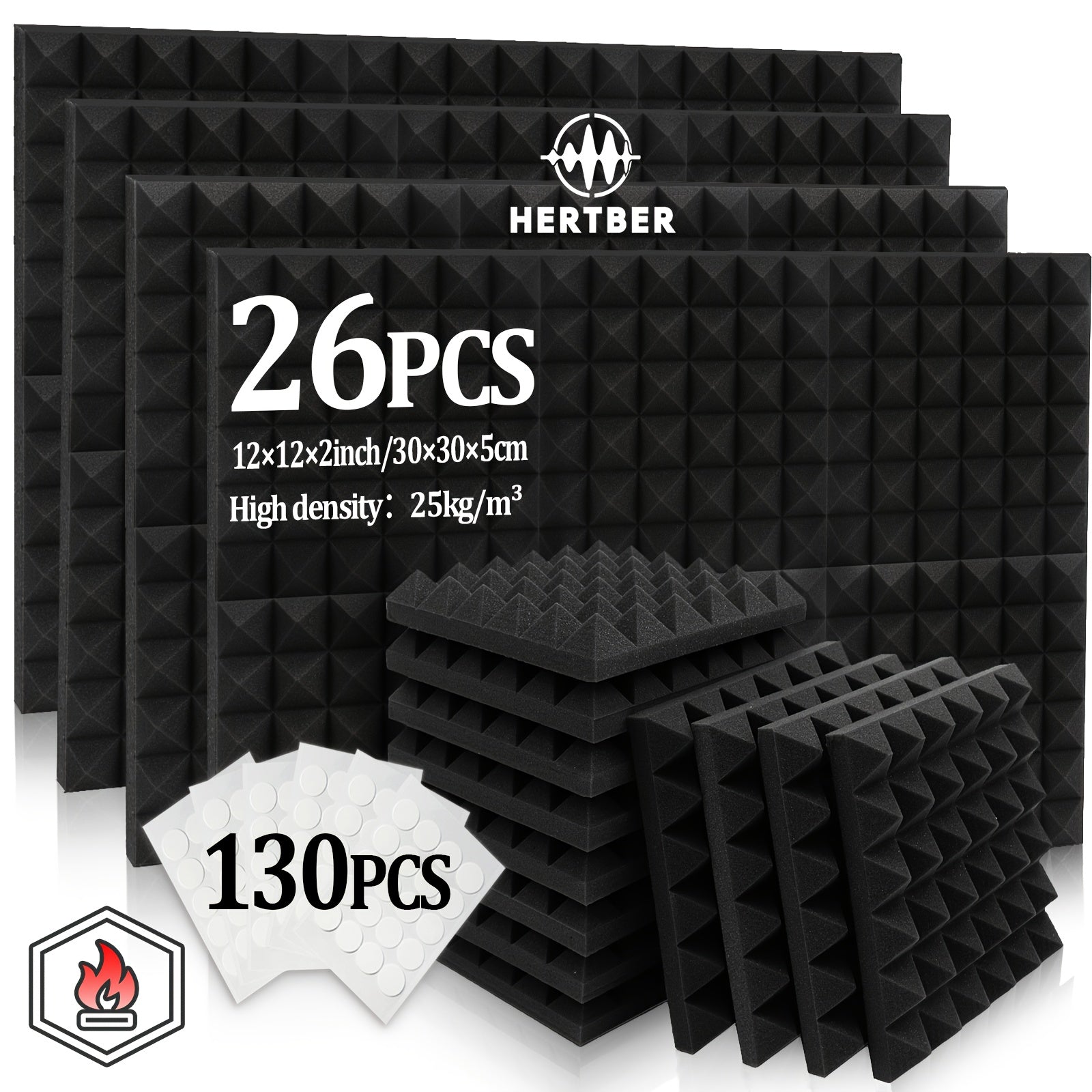 26pcs Flame-Retardant High-Density Sound Insulation Cotton with 130 Strong Adhesive Stickers | Pyramid Diamond Grid Structure - 11.81×11.81×1.97inch Acoustic Panel | Recording Studio, Live Broadcast Room, Gaming