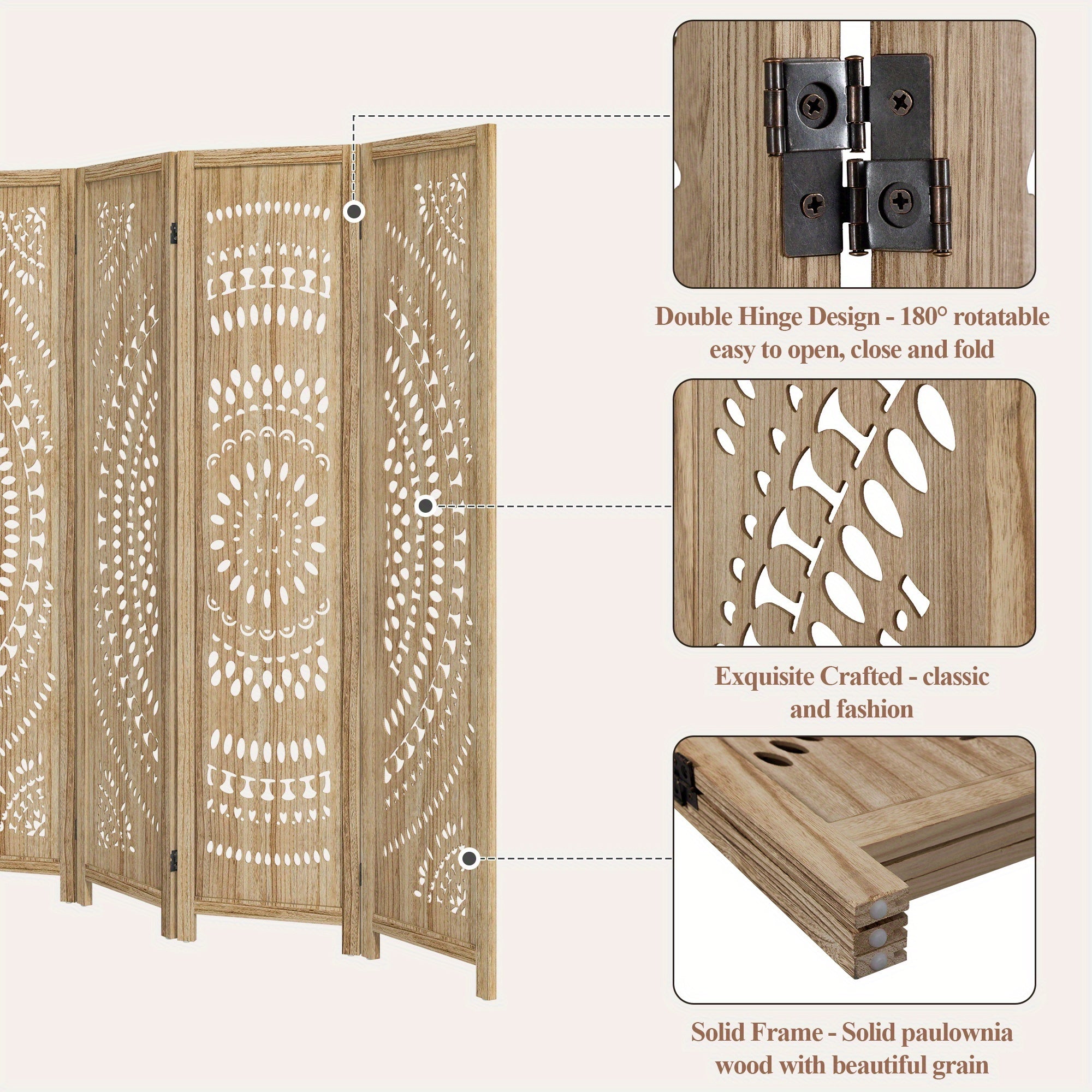 Boho Room Divider 95'' W Portable Room Dividers And Folding Privacy Screens, 7.92ft Wood Divider for Room Separation, 3\u002F6 Panel Partition Room Dividers Freestanding Wall Divider Screen for Dorm Studio Office, Natural Wood\u002FAntique White