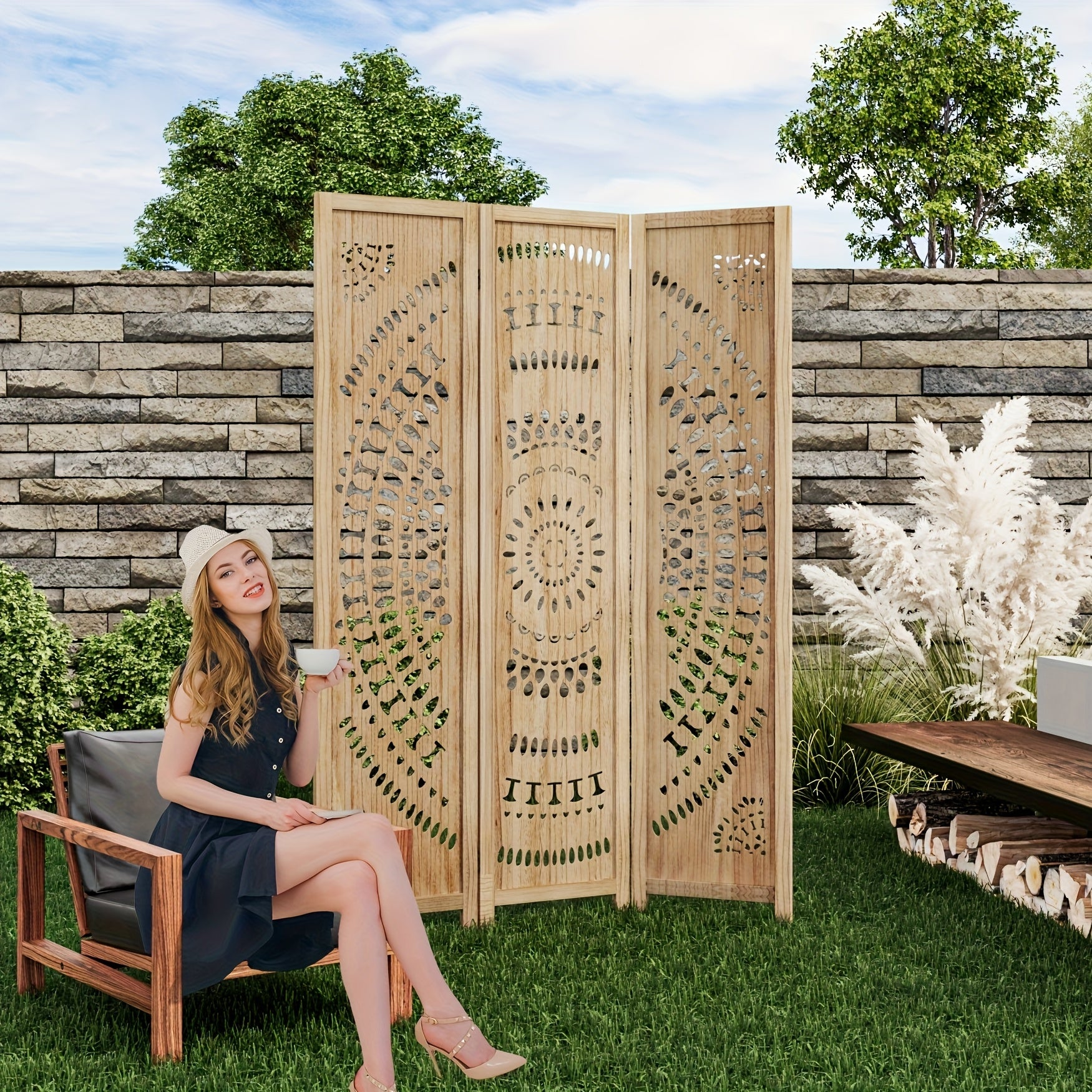Boho Room Divider 95'' W Portable Room Dividers And Folding Privacy Screens, 7.92ft Wood Divider for Room Separation, 3\u002F6 Panel Partition Room Dividers Freestanding Wall Divider Screen for Dorm Studio Office, Natural Wood\u002FAntique White