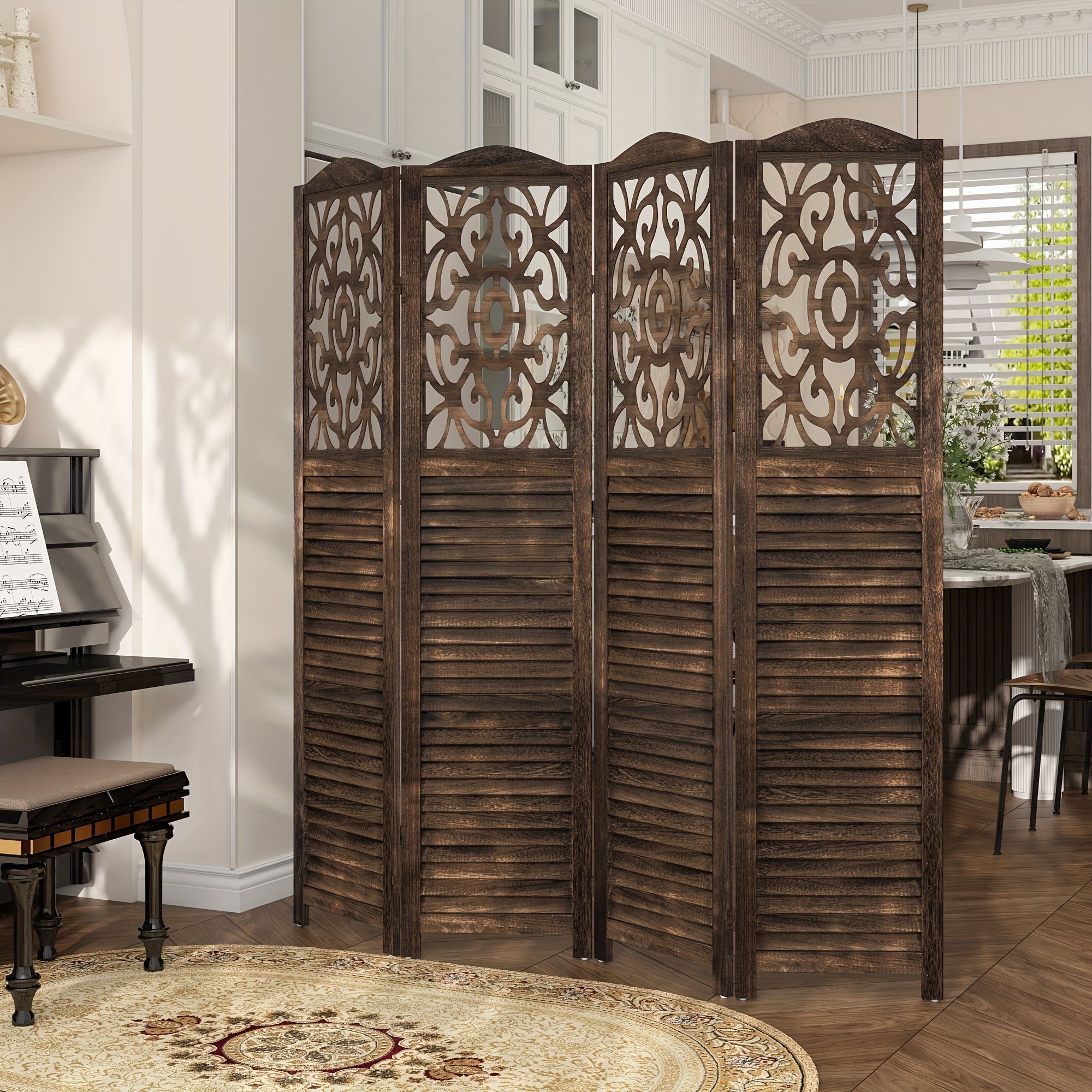 4 or 6 Panel Wood Room Dividers, Carved Louver Wall Dividers Folding Screens, 5.6ft Farmhouse Style Freestanding Hollow Partition Privacy Screen for Home Office Bedroom Studio Apartment, Rustic Brown or White
