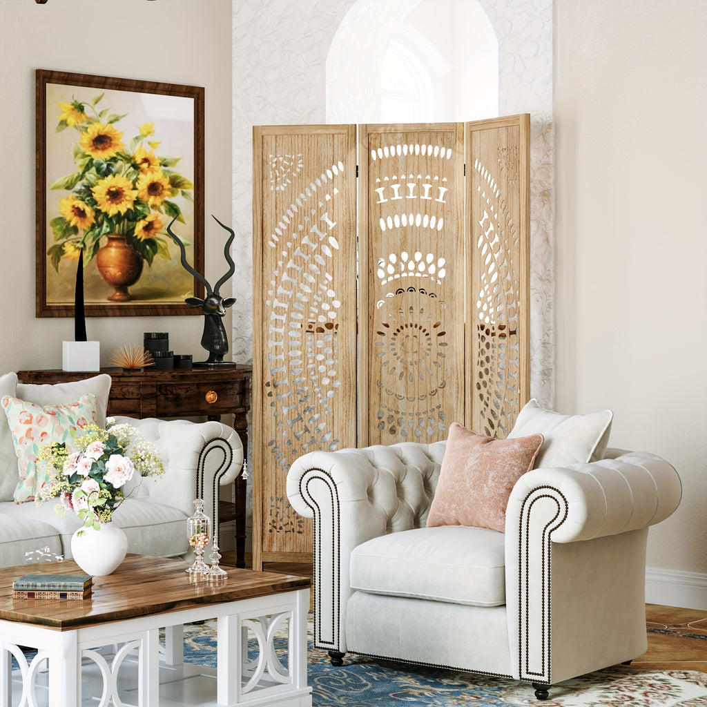 Boho Room Divider 95'' W Portable Room Dividers And Folding Privacy Screens, 7.92ft Wood Divider for Room Separation, 3\u002F6 Panel Partition Room Dividers Freestanding Wall Divider Screen for Dorm Studio Office, Natural Wood\u002FAntique White