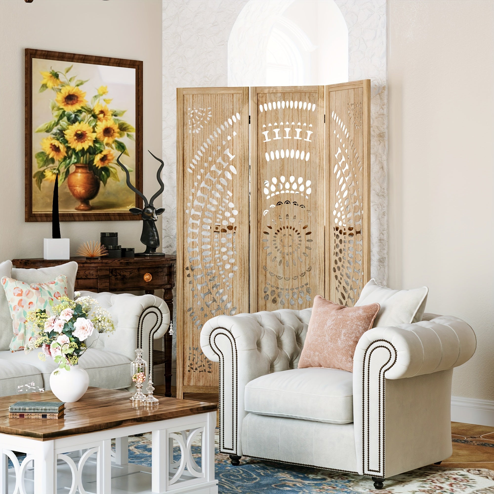 Boho Room Divider 95'' W Portable Room Dividers And Folding Privacy Screens, 7.92ft Wood Divider for Room Separation, 3\u002F6 Panel Partition Room Dividers Freestanding Wall Divider Screen for Dorm Studio Office, Natural Wood\u002FAntique White