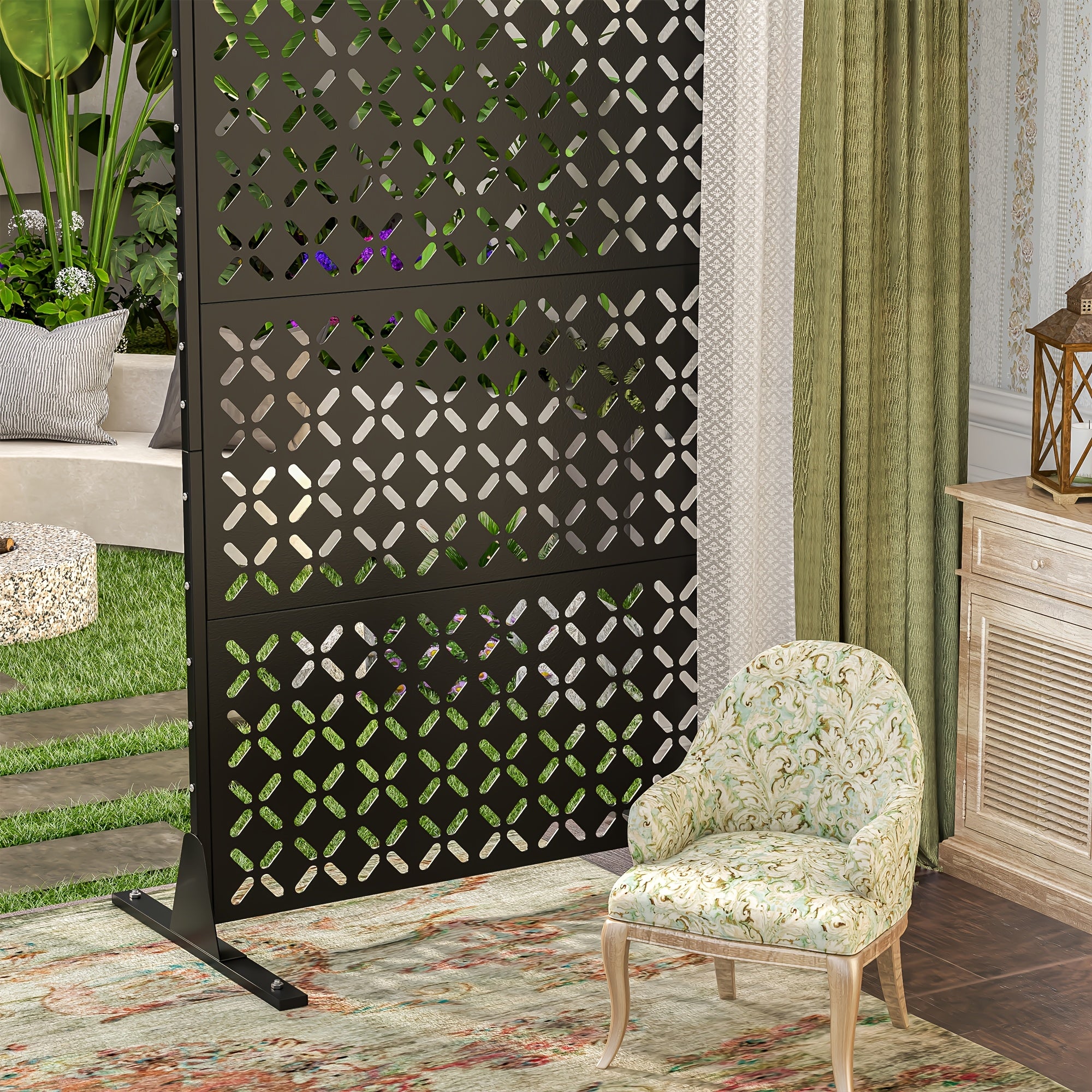 Metal Privacy Screen, 72 Inch High Independent Privacy Fence with Sturdy Bracket, Decorative Privacy Panel Shielding for Courtyards, Balconies, Gardens, And Other Indoor Spaces (X-shaped Fence)