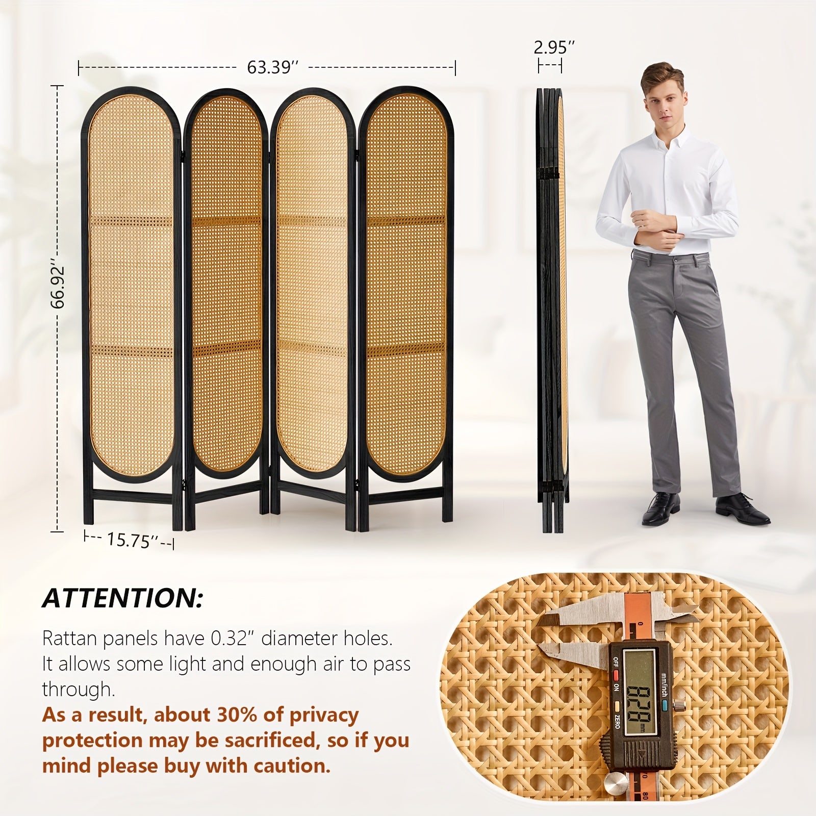 4 Panels Room Dividers And Folding Privacy Screens, Hand-Woven Rattan Room Divider Wall, Wood Room Divider Freestanding Room Partitions Screen For Home Office Bedroom, Black