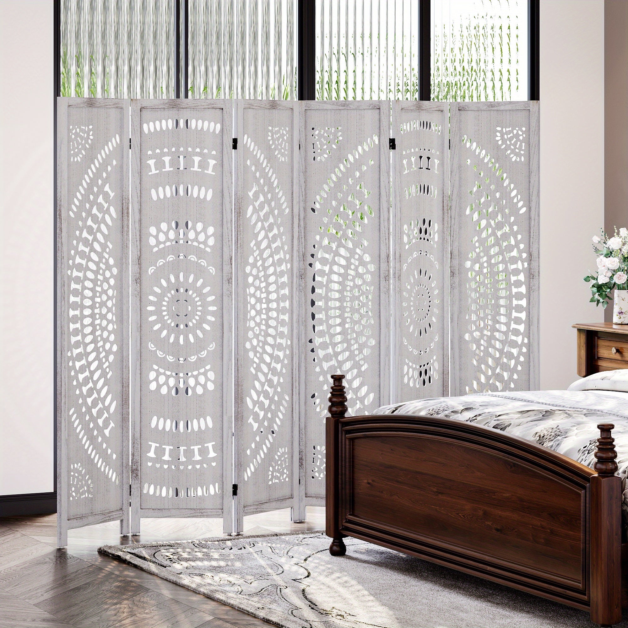 Boho Room Divider 95'' W Portable Room Dividers And Folding Privacy Screens, 7.92ft Wood Divider for Room Separation, 3\u002F6 Panel Partition Room Dividers Freestanding Wall Divider Screen for Dorm Studio Office, Natural Wood\u002FAntique White