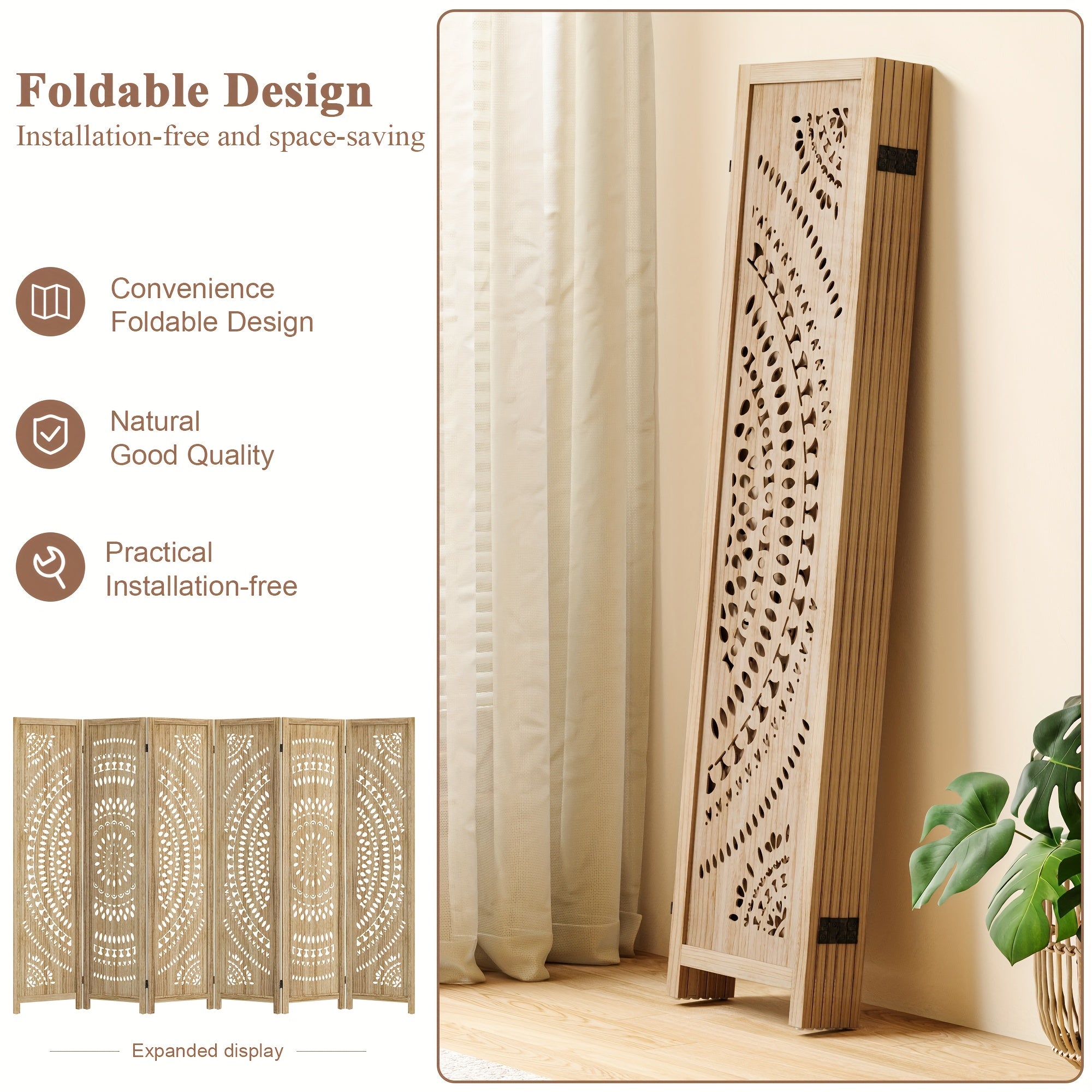 Boho Room Divider 95'' W Portable Room Dividers And Folding Privacy Screens, 7.92ft Wood Divider for Room Separation, 3\u002F6 Panel Partition Room Dividers Freestanding Wall Divider Screen for Dorm Studio Office, Natural Wood\u002FAntique White