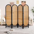 4 Panels Room Dividers And Folding Privacy Screens, Hand-Woven Rattan Room Divider Wall, Wood Room Divider Freestanding Room Partitions Screen For Home Office Bedroom, Black