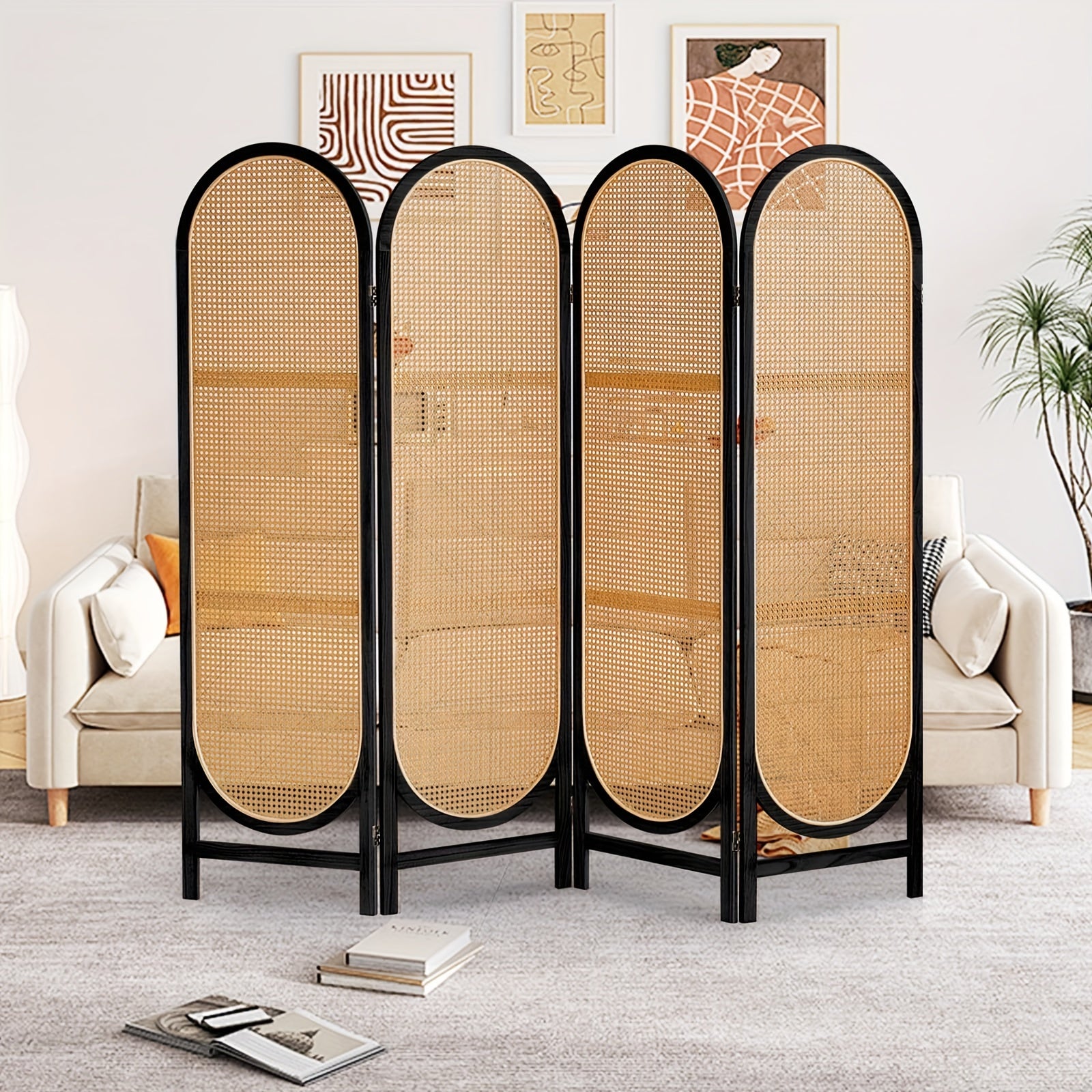 4 Panels Room Dividers And Folding Privacy Screens, Hand-Woven Rattan Room Divider Wall, Wood Room Divider Freestanding Room Partitions Screen For Home Office Bedroom, Black