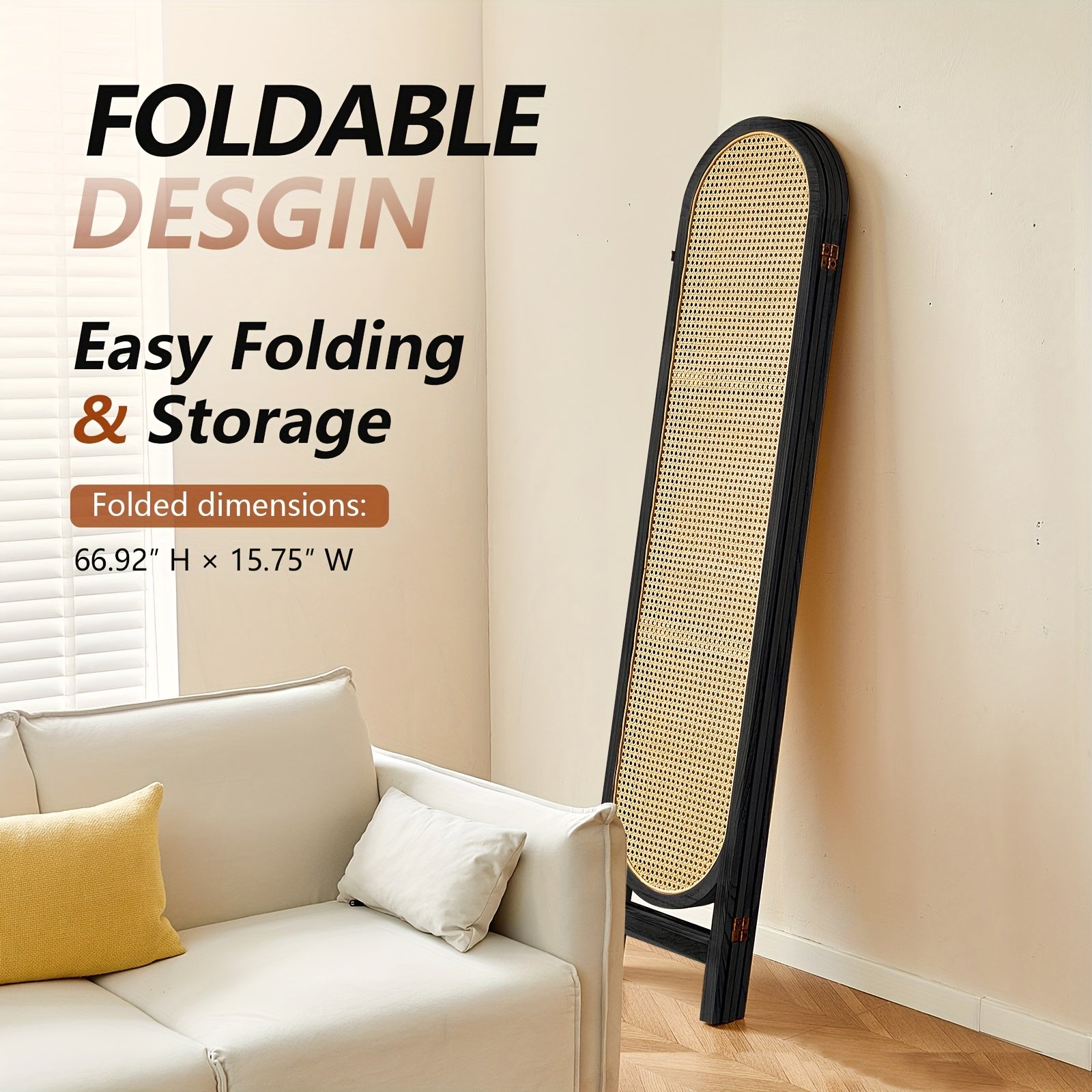 4 Panels Room Dividers And Folding Privacy Screens, Hand-Woven Rattan Room Divider Wall, Wood Room Divider Freestanding Room Partitions Screen For Home Office Bedroom, Black