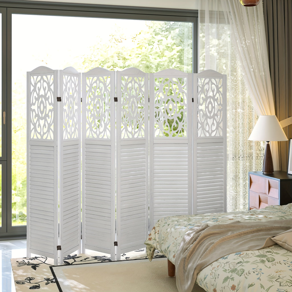 4 or 6 Panel Wood Room Dividers, Carved Louver Wall Dividers Folding Screens, 5.6ft Farmhouse Style Freestanding Hollow Partition Privacy Screen for Home Office Bedroom Studio Apartment, Rustic Brown or White