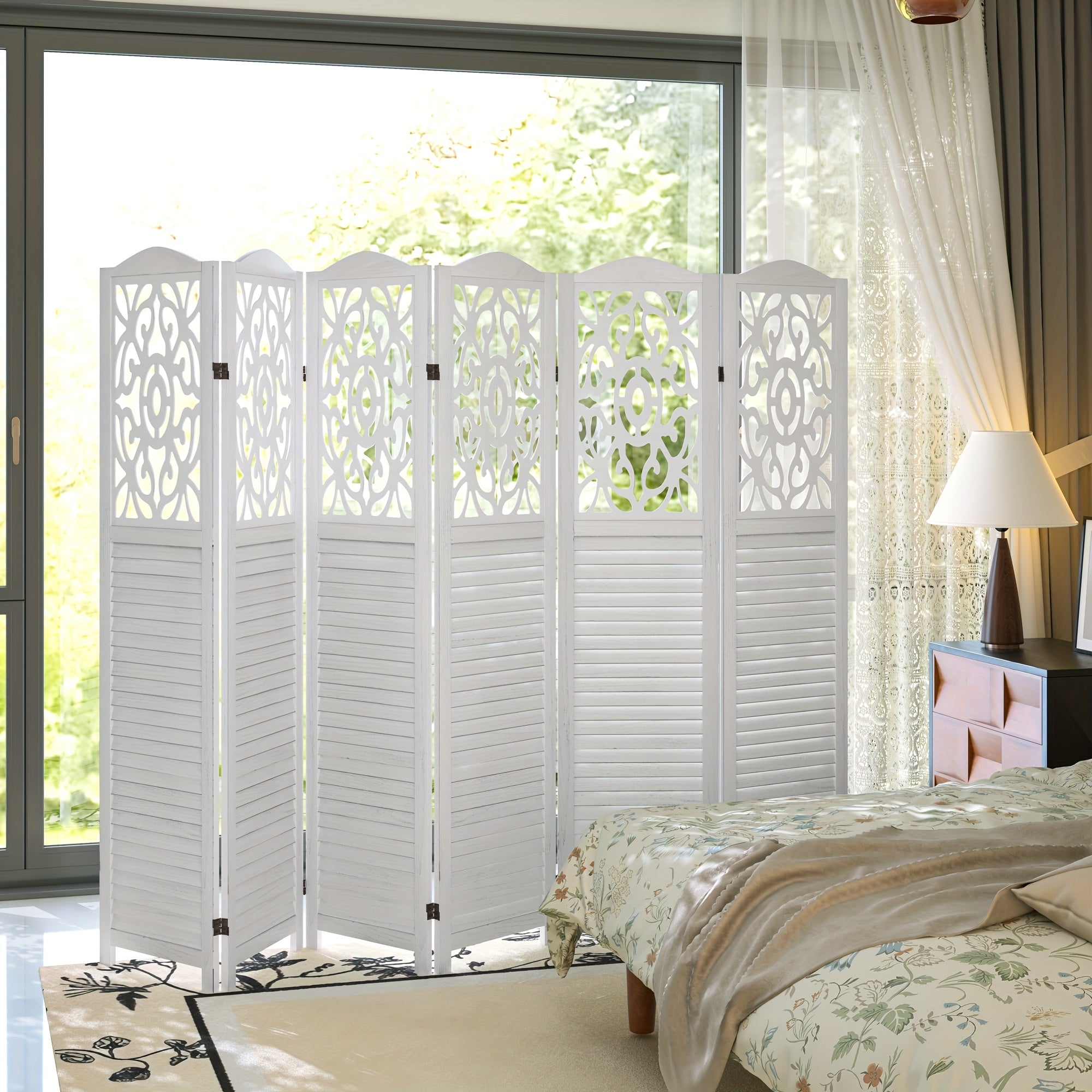 4 or 6 Panel Wood Room Dividers, Carved Louver Wall Dividers Folding Screens, 5.6ft Farmhouse Style Freestanding Hollow Partition Privacy Screen for Home Office Bedroom Studio Apartment, Rustic Brown or White