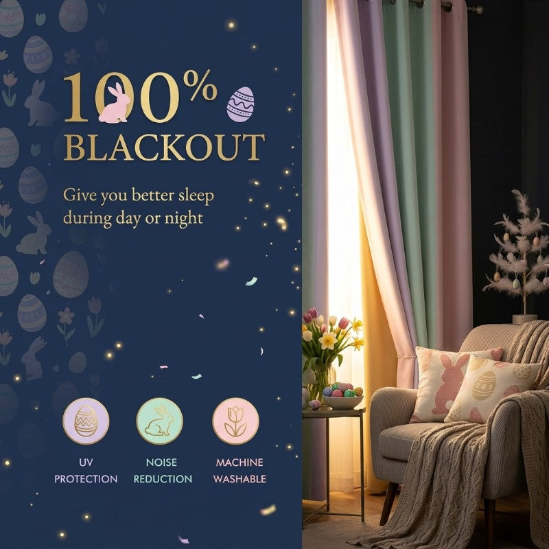 4 Panels Easter Theme Thermal Insulated Curtains, Soundproof Curtains, Blackout Curtains, 21% PVC 79% Cotton, Grommet Top, Machine Washable for Bedroom, Living Room, Easter curtains
