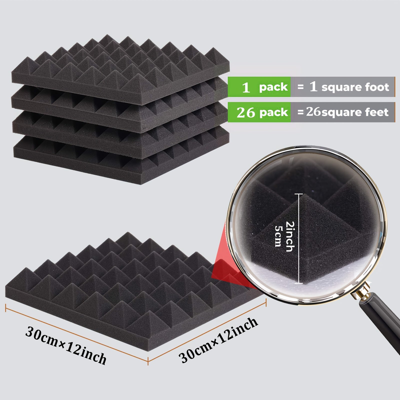 26pcs Flame-Retardant High-Density Sound Insulation Cotton with 130 Strong Adhesive Stickers | Pyramid Diamond Grid Structure - 11.81×11.81×1.97inch Acoustic Panel | Recording Studio, Live Broadcast Room, Gaming