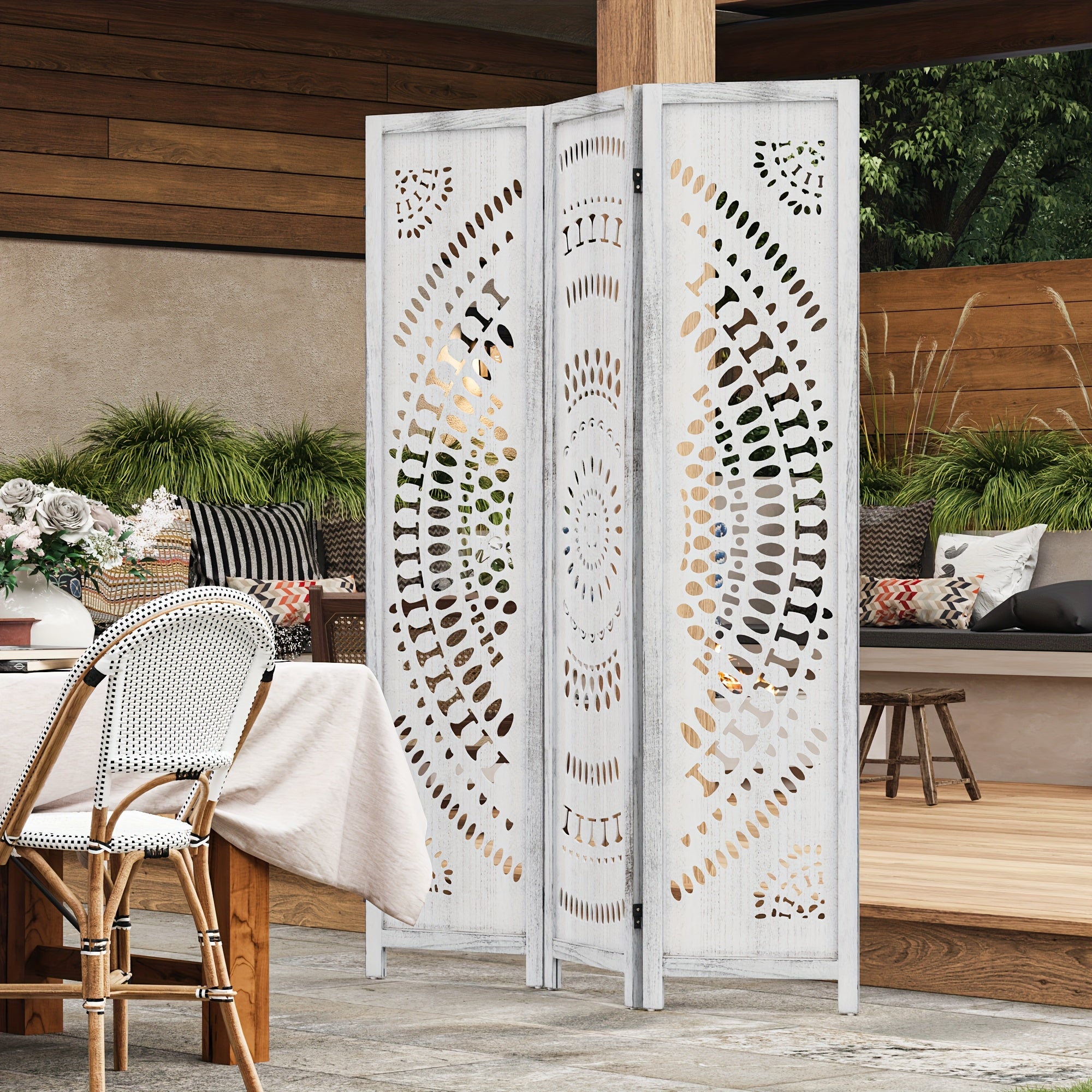 Boho Room Divider 95'' W Portable Room Dividers And Folding Privacy Screens, 7.92ft Wood Divider for Room Separation, 3\u002F6 Panel Partition Room Dividers Freestanding Wall Divider Screen for Dorm Studio Office, Natural Wood\u002FAntique White