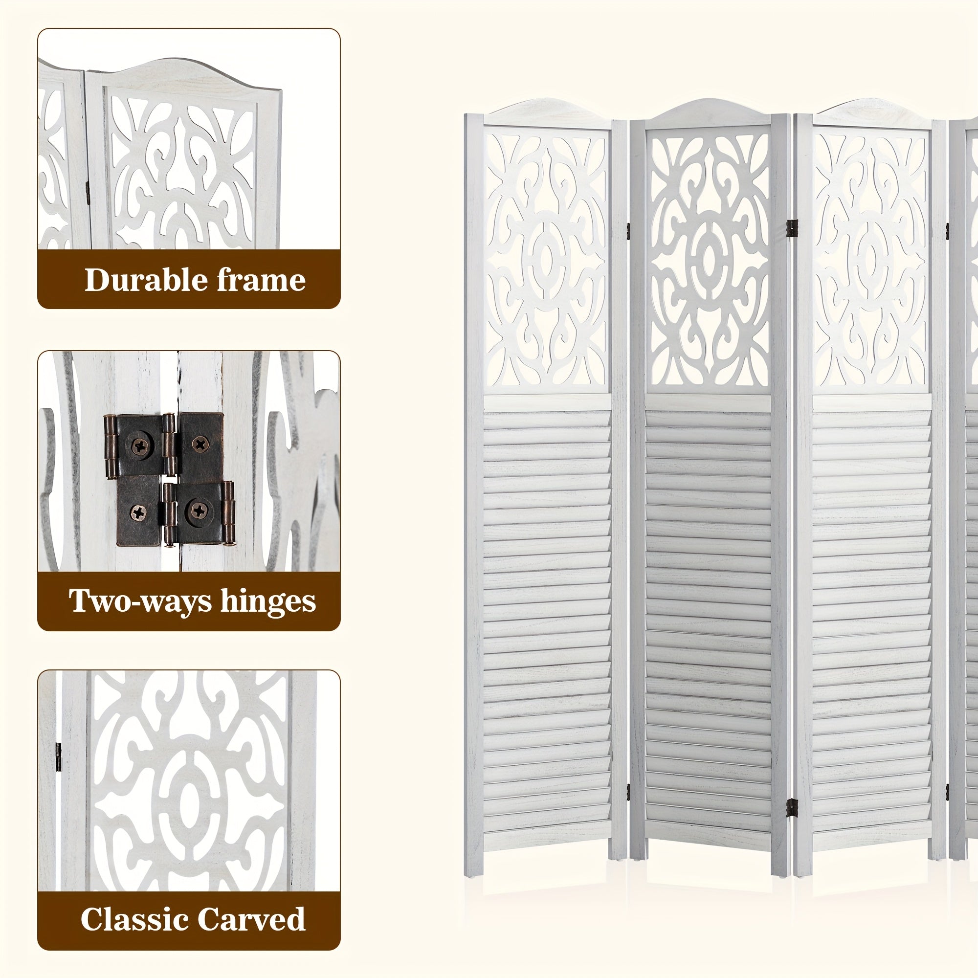 4 or 6 Panel Wood Room Dividers, Carved Louver Wall Dividers Folding Screens, 5.6ft Farmhouse Style Freestanding Hollow Partition Privacy Screen for Home Office Bedroom Studio Apartment, Rustic Brown or White