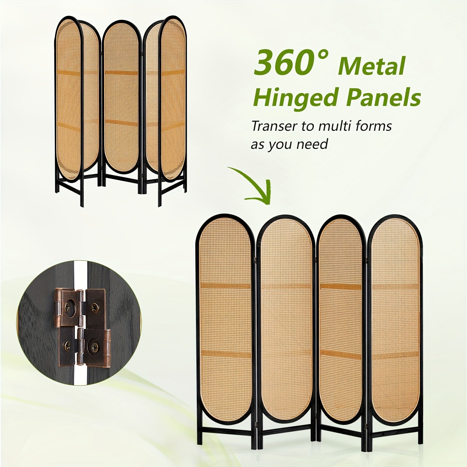4 Panels Room Dividers And Folding Privacy Screens, Hand-Woven Rattan Room Divider Wall, Wood Room Divider Freestanding Room Partitions Screen For Home Office Bedroom, Black