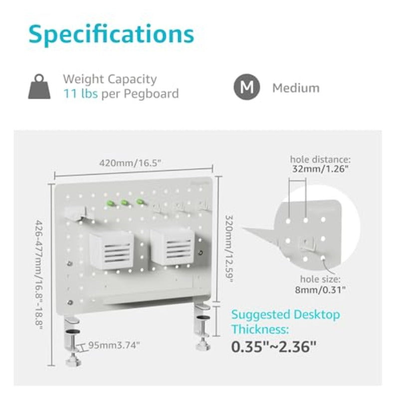 Clamp-On Desk Pegboard, Desk Organizer for Office Gaming Home, Magnetic Metal Peg Board with 0 Additions, Privacy Panel for Office, 6.5 X 2.6 Inches, Medium, White