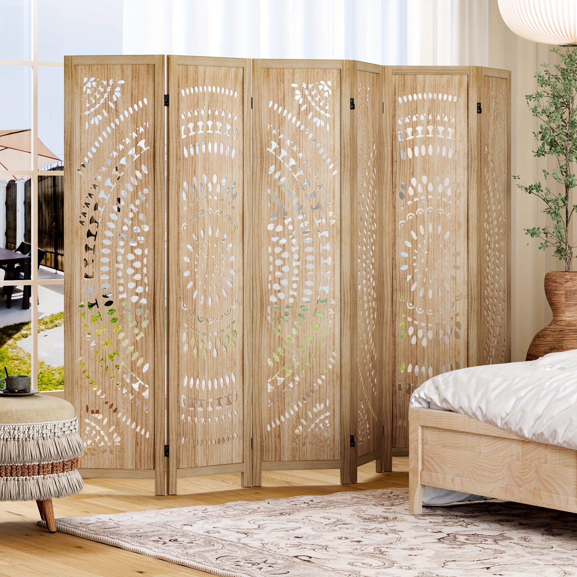 Boho Room Divider 95'' W Portable Room Dividers And Folding Privacy Screens, 7.92ft Wood Divider for Room Separation, 3\u002F6 Panel Partition Room Dividers Freestanding Wall Divider Screen for Dorm Studio Office, Natural Wood\u002FAntique White