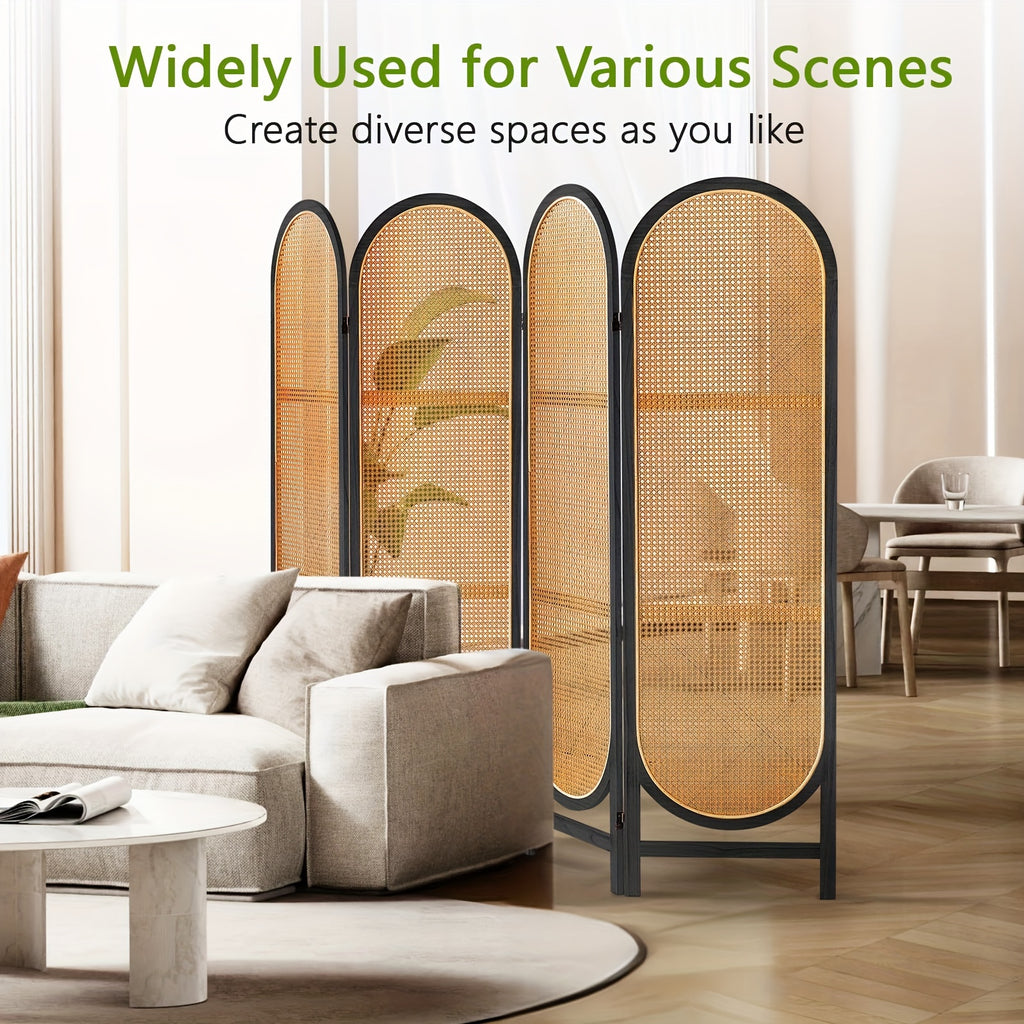 4 Panels Room Dividers And Folding Privacy Screens, Hand-Woven Rattan Room Divider Wall, Wood Room Divider Freestanding Room Partitions Screen For Home Office Bedroom, Black