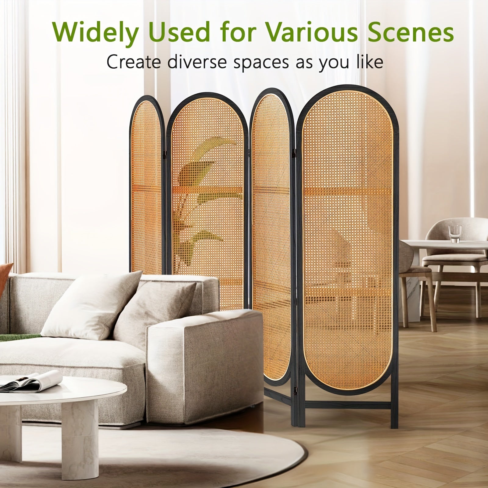 4 Panels Room Dividers And Folding Privacy Screens, Hand-Woven Rattan Room Divider Wall, Wood Room Divider Freestanding Room Partitions Screen For Home Office Bedroom, Black