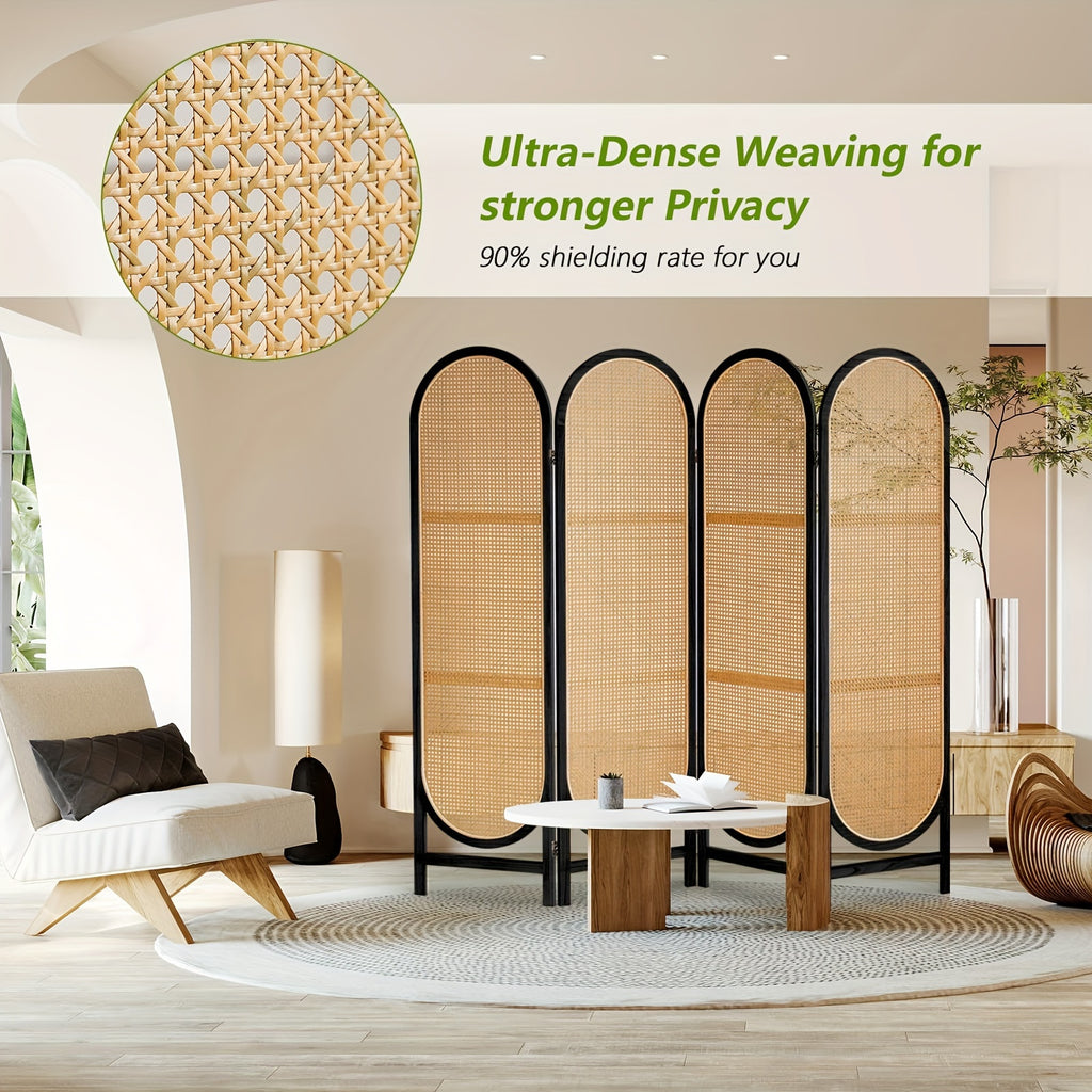 4 Panels Room Dividers And Folding Privacy Screens, Hand-Woven Rattan Room Divider Wall, Wood Room Divider Freestanding Room Partitions Screen For Home Office Bedroom, Black