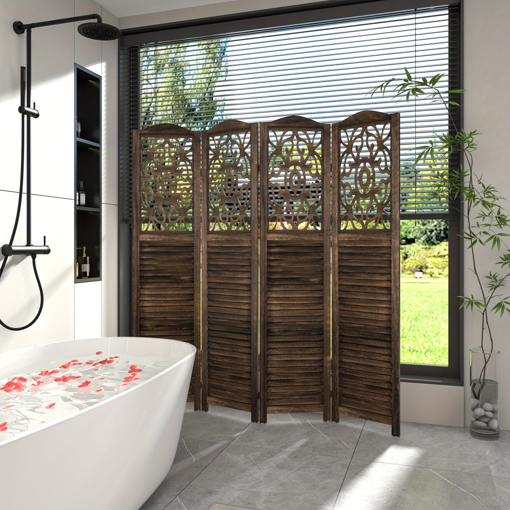 4 or 6 Panel Wood Room Dividers, Carved Louver Wall Dividers Folding Screens, 5.6ft Farmhouse Style Freestanding Hollow Partition Privacy Screen for Home Office Bedroom Studio Apartment, Rustic Brown or White