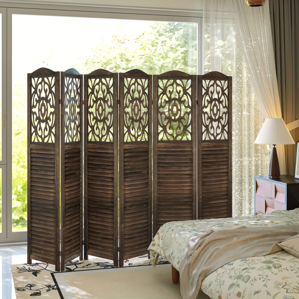 4 or 6 Panel Wood Room Dividers, Carved Louver Wall Dividers Folding Screens, 5.6ft Farmhouse Style Freestanding Hollow Partition Privacy Screen for Home Office Bedroom Studio Apartment, Rustic Brown or White