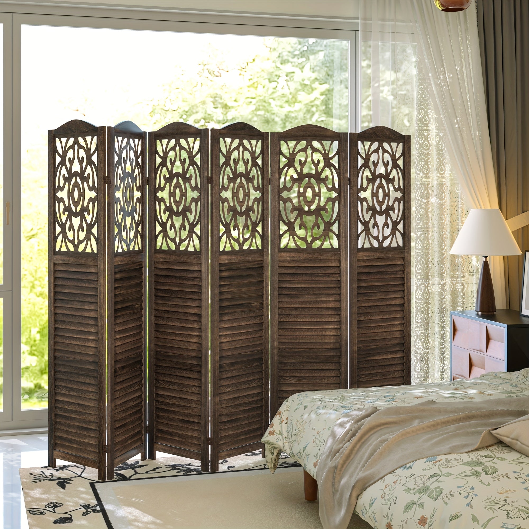 4 or 6 Panel Wood Room Dividers, Carved Louver Wall Dividers Folding Screens, 5.6ft Farmhouse Style Freestanding Hollow Partition Privacy Screen for Home Office Bedroom Studio Apartment, Rustic Brown or White