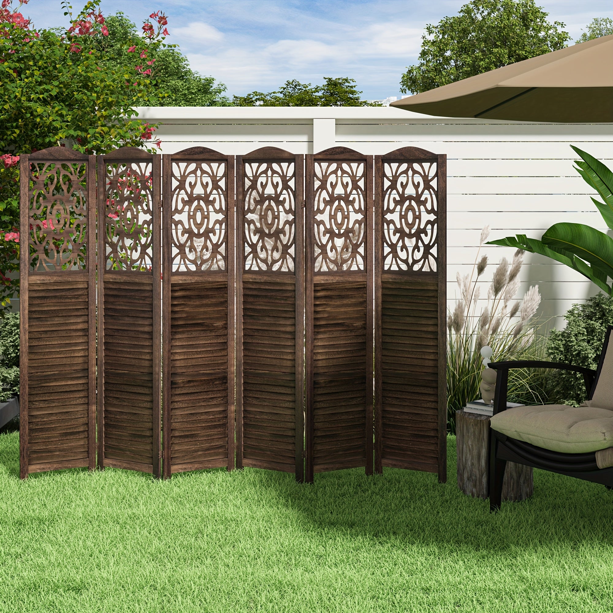4 or 6 Panel Wood Room Dividers, Carved Louver Wall Dividers Folding Screens, 5.6ft Farmhouse Style Freestanding Hollow Partition Privacy Screen for Home Office Bedroom Studio Apartment, Rustic Brown or White