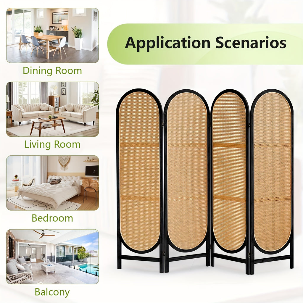 4 Panels Room Dividers And Folding Privacy Screens, Hand-Woven Rattan Room Divider Wall, Wood Room Divider Freestanding Room Partitions Screen For Home Office Bedroom, Black