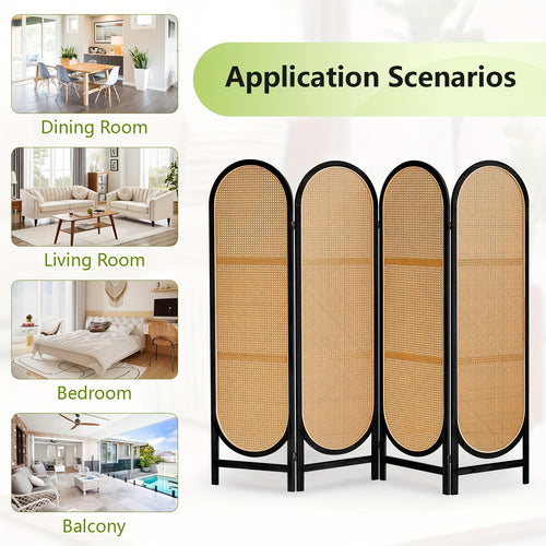 4 Panels Room Dividers And Folding Privacy Screens, Hand-Woven Rattan Room Divider Wall, Wood Room Divider Freestanding Room Partitions Screen For Home Office Bedroom, Black