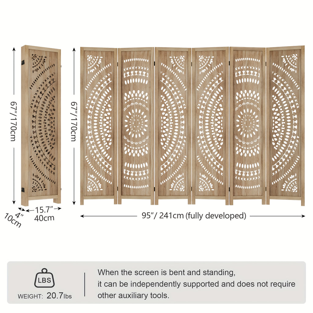Boho Room Divider 95'' W Portable Room Dividers And Folding Privacy Screens, 7.92ft Wood Divider for Room Separation, 3\u002F6 Panel Partition Room Dividers Freestanding Wall Divider Screen for Dorm Studio Office, Natural Wood\u002FAntique White