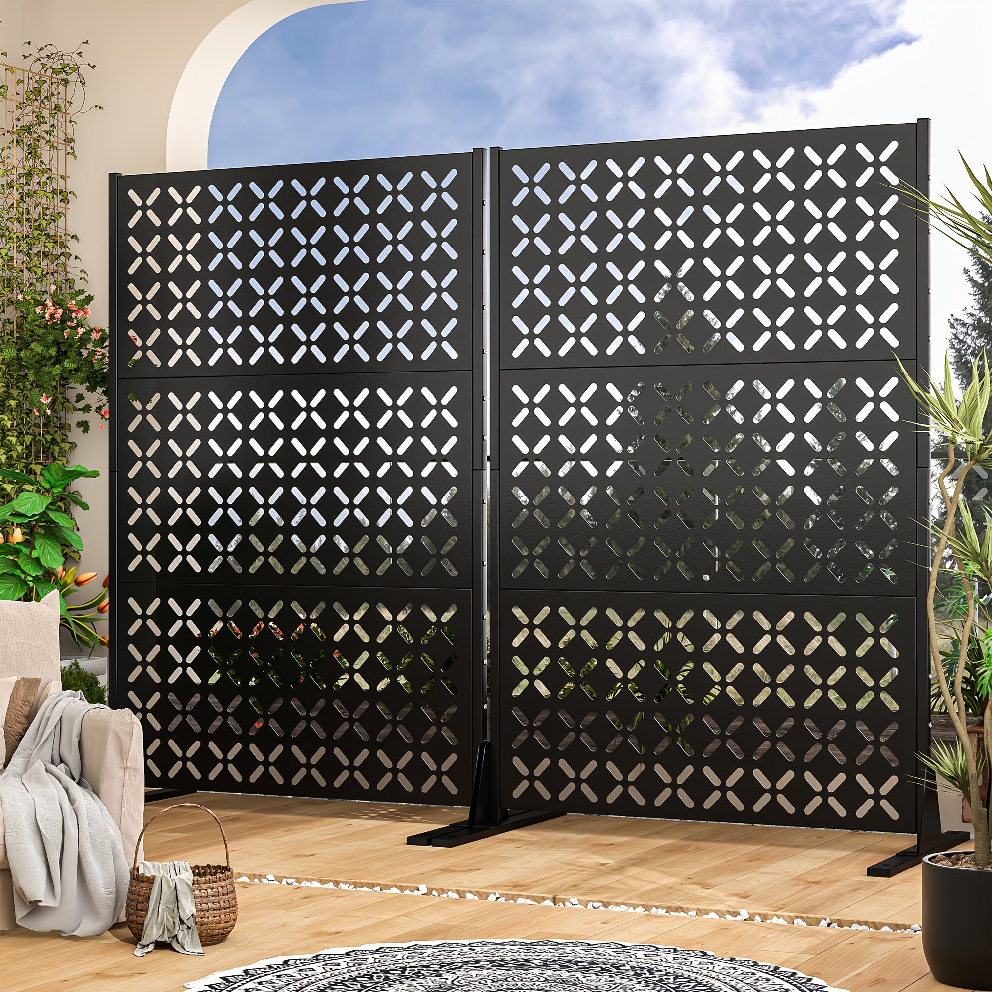 Metal Privacy Screen, 72 Inch High Independent Privacy Fence with Sturdy Bracket, Decorative Privacy Panel Shielding for Courtyards, Balconies, Gardens, And Other Indoor Spaces (X-shaped Fence)