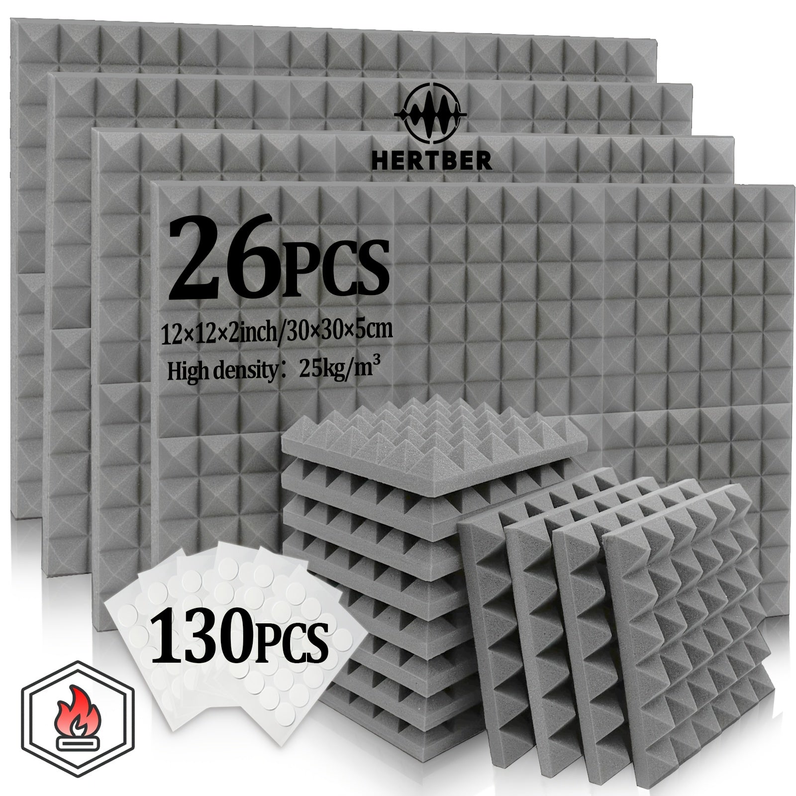 26pcs Flame-Retardant High-Density Sound Insulation Cotton with 130 Strong Adhesive Stickers | Pyramid Diamond Grid Structure - 11.81×11.81×1.97inch Acoustic Panel | Recording Studio, Live Broadcast Room, Gaming