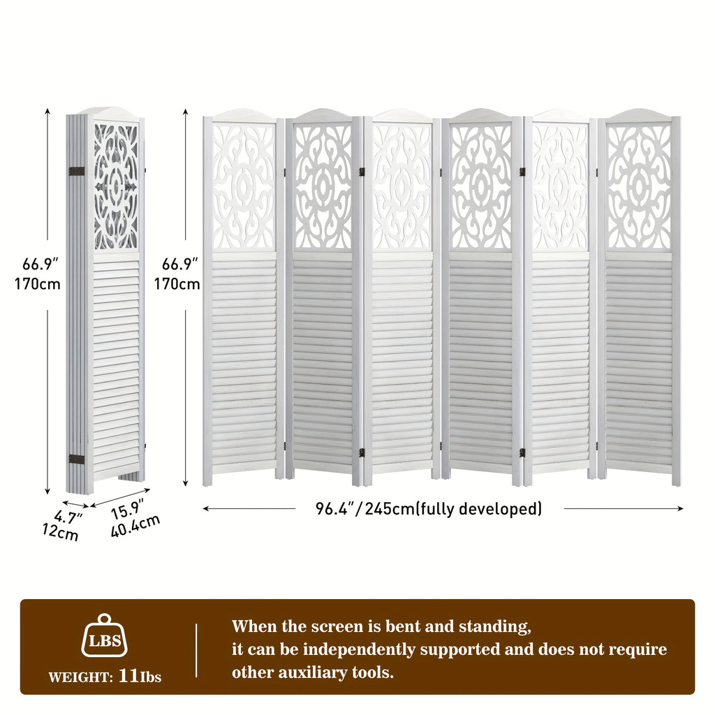 4 or 6 Panel Wood Room Dividers, Carved Louver Wall Dividers Folding Screens, 5.6ft Farmhouse Style Freestanding Hollow Partition Privacy Screen for Home Office Bedroom Studio Apartment, Rustic Brown or White